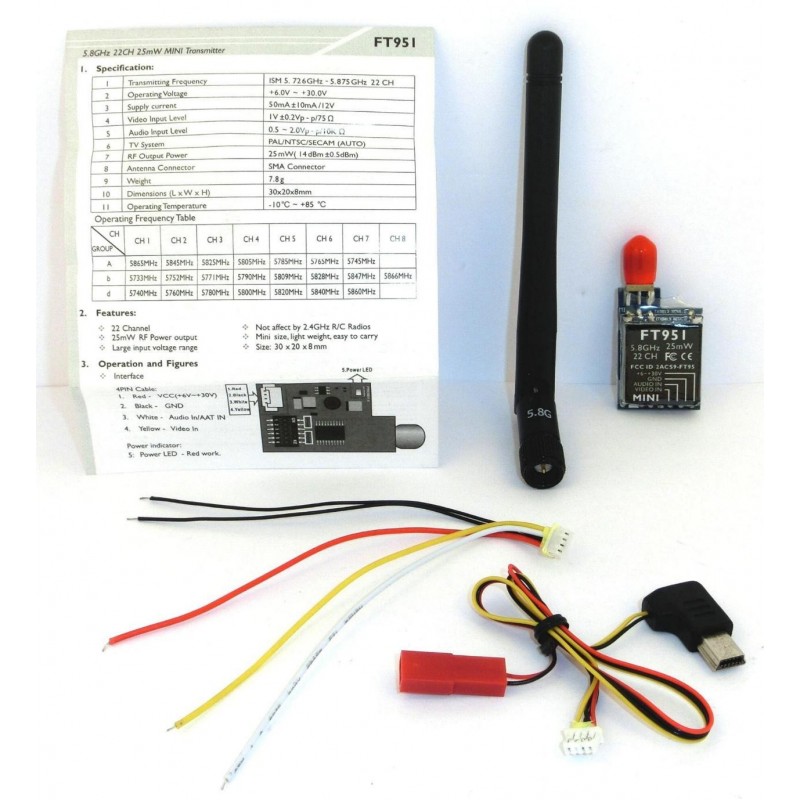 Mini Sender 5,8Ghz 25mW 22Kanäle FPV Band: A B D RP-SMA ohne Pin Stabantenne Kabel CE Set