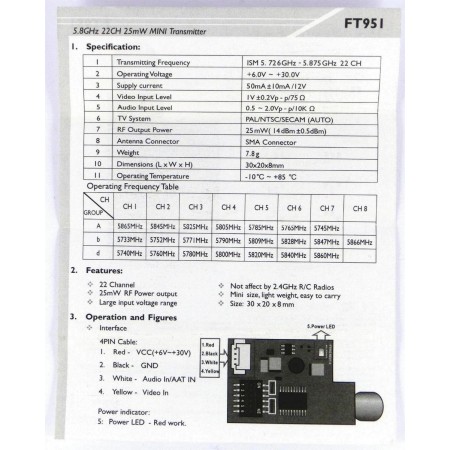 Mini Sender 5,8Ghz 25mW 22Kanäle FPV Band: A B D RP-SMA ohne Pin Stabantenne Kabel CE Set