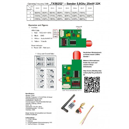 Mini Sender 5,8Ghz 25mW 22Kanäle FPV Band: A B D RP-SMA ohne Pin Stabantenne Kabel CE Set